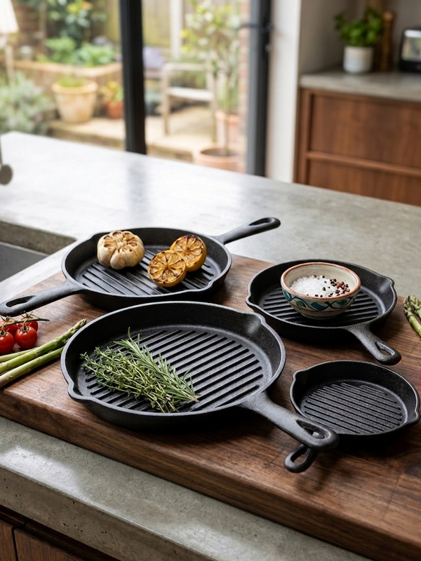 4-in-1 Pre-Seasoned Cast Iron Ribbed Skillet Grill Pan Set, Thickened Skillets for BBQ, Steak, and Grilled Fish, Sizes 14 cm, 16 cm, 20 cm & 25 cm, Durable Heavy-Duty Cookware for Home and Commercial Use