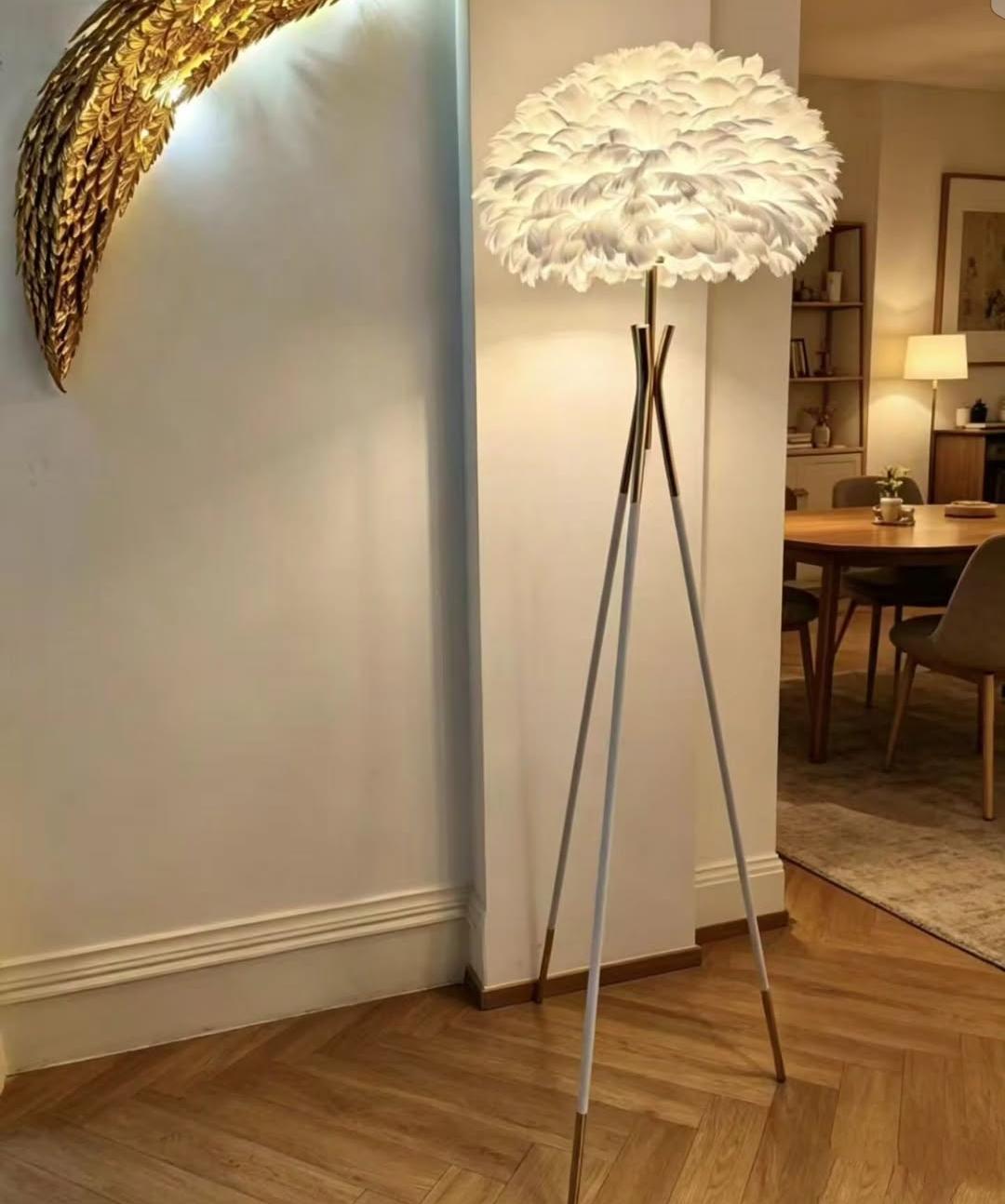 Gold Stand Floor Lamp with White Feather Shade