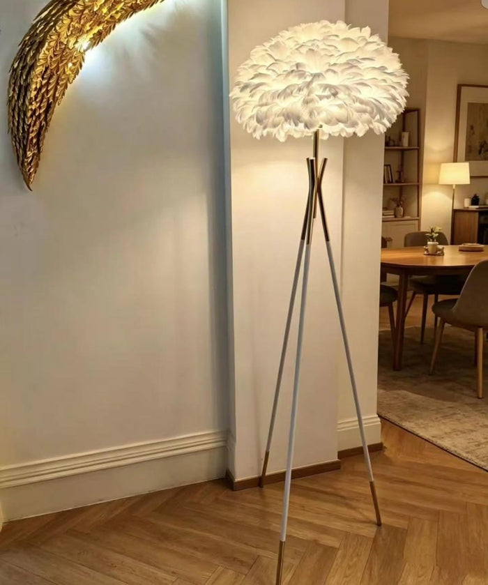 Gold Stand Floor Lamp with White Feather Shade
