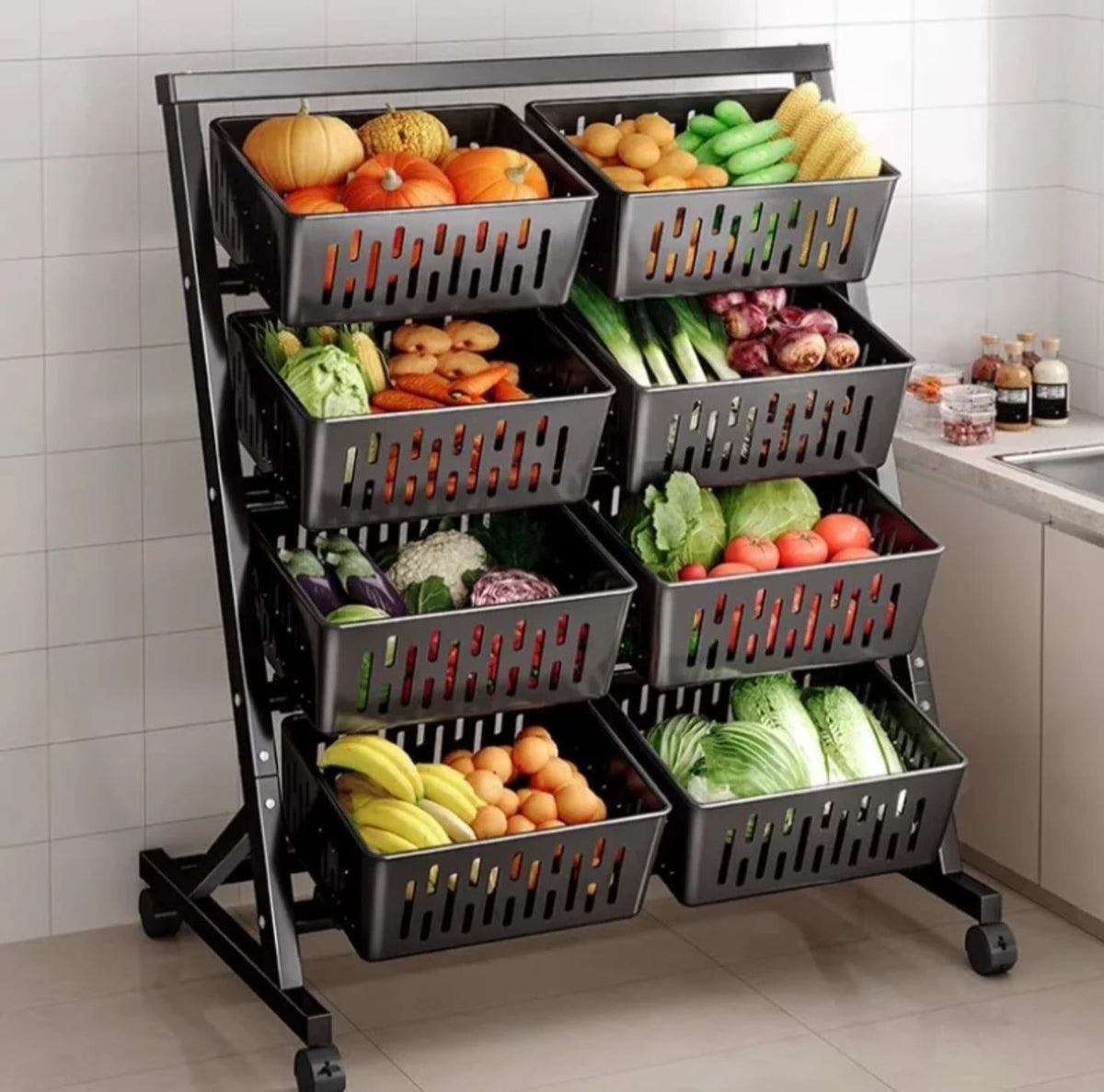Multi-Functional Steel Vegetable & Fruit Rack with Lockable Wheels