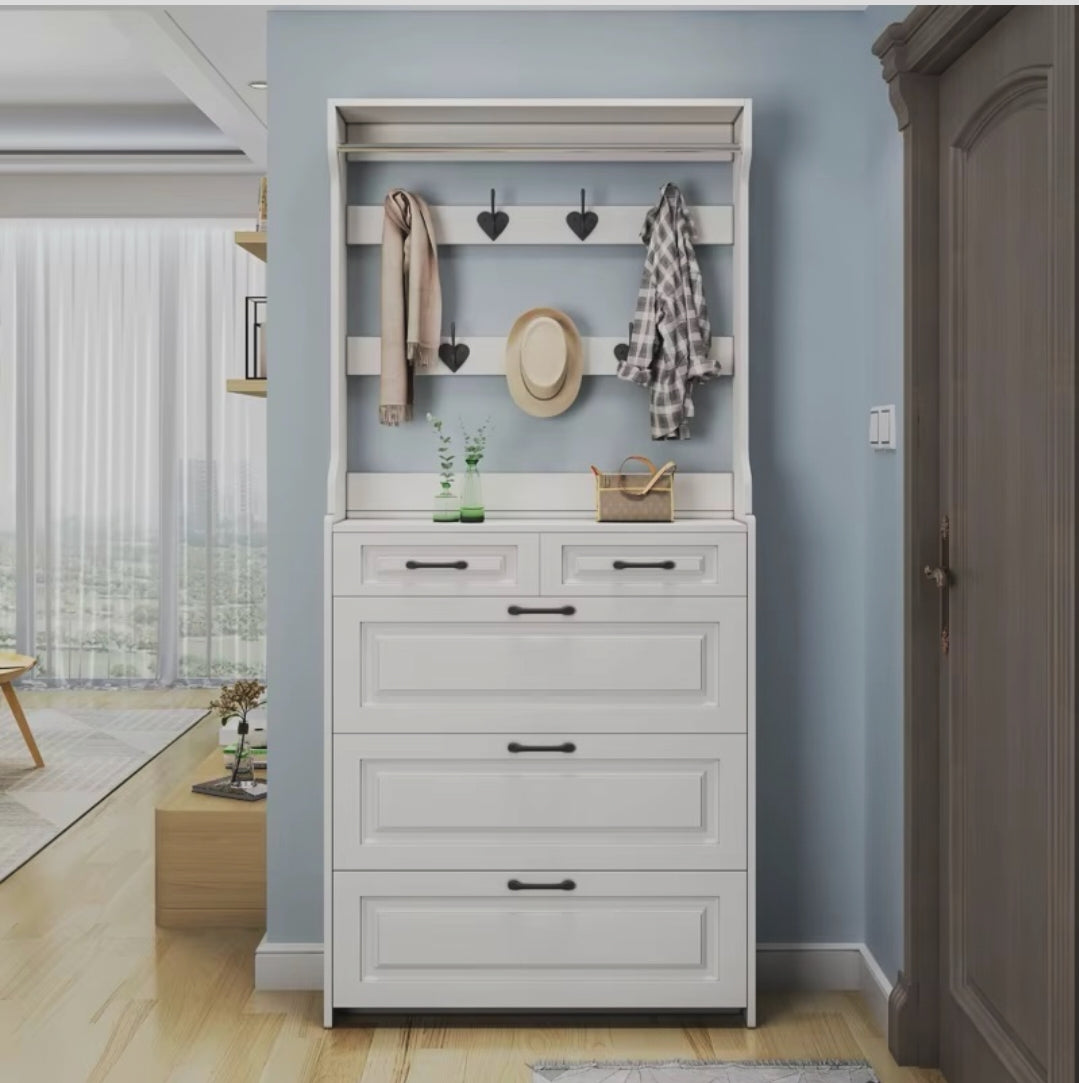 White Narrow Shoe Cabinet with Hanger