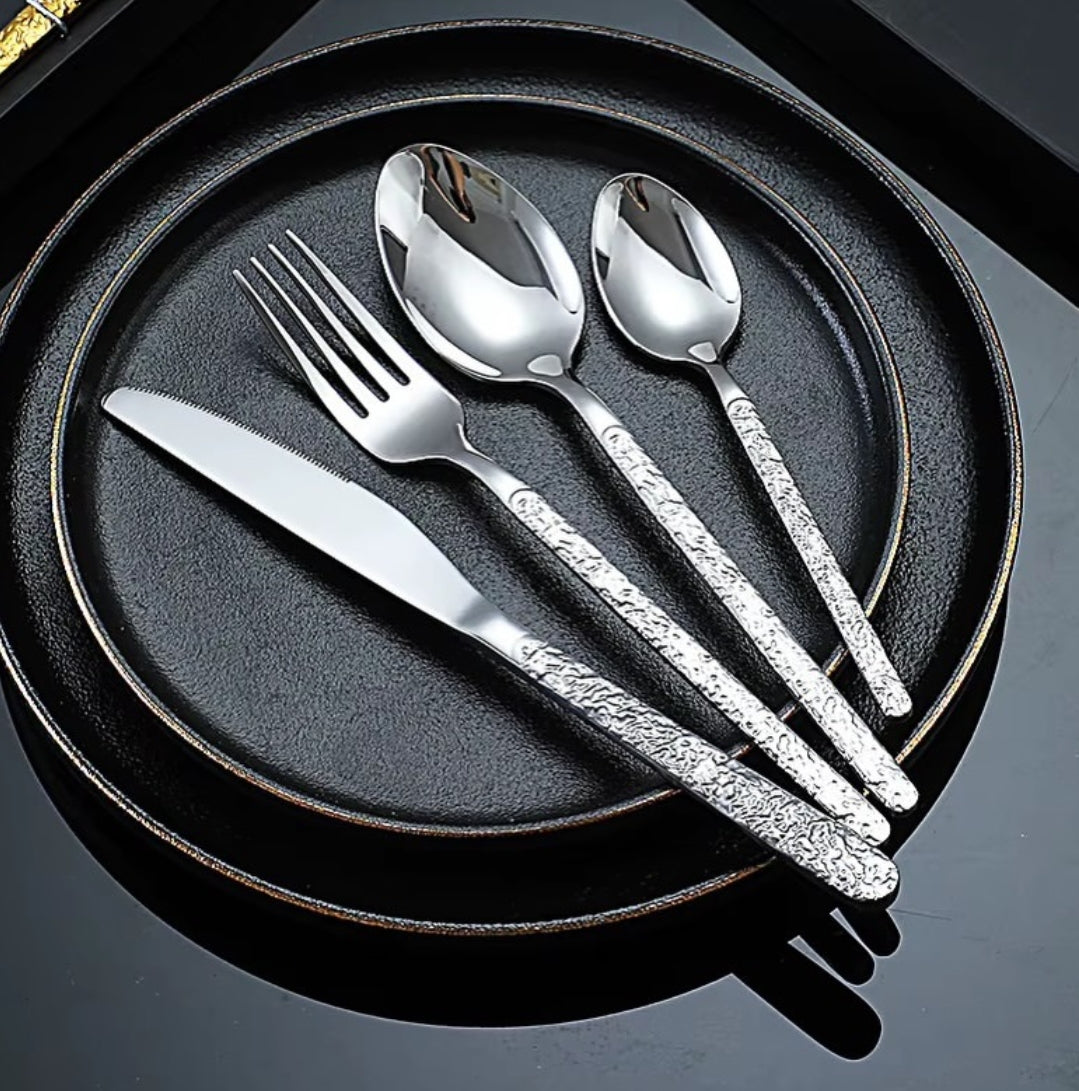 24-Piece Vintage Retro Stone Pattern Stainless Steel Cutlery Set