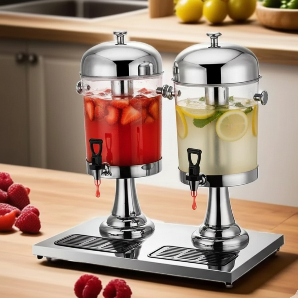 Stainless steel double bowl juice dispenser with two 2-litre containers for serving cold drinks