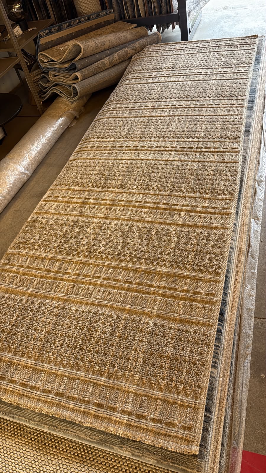 Gemelli Collection Timeless T07 beige woven corridor runner rug with tribal stripe pattern, textured bands and bound edges