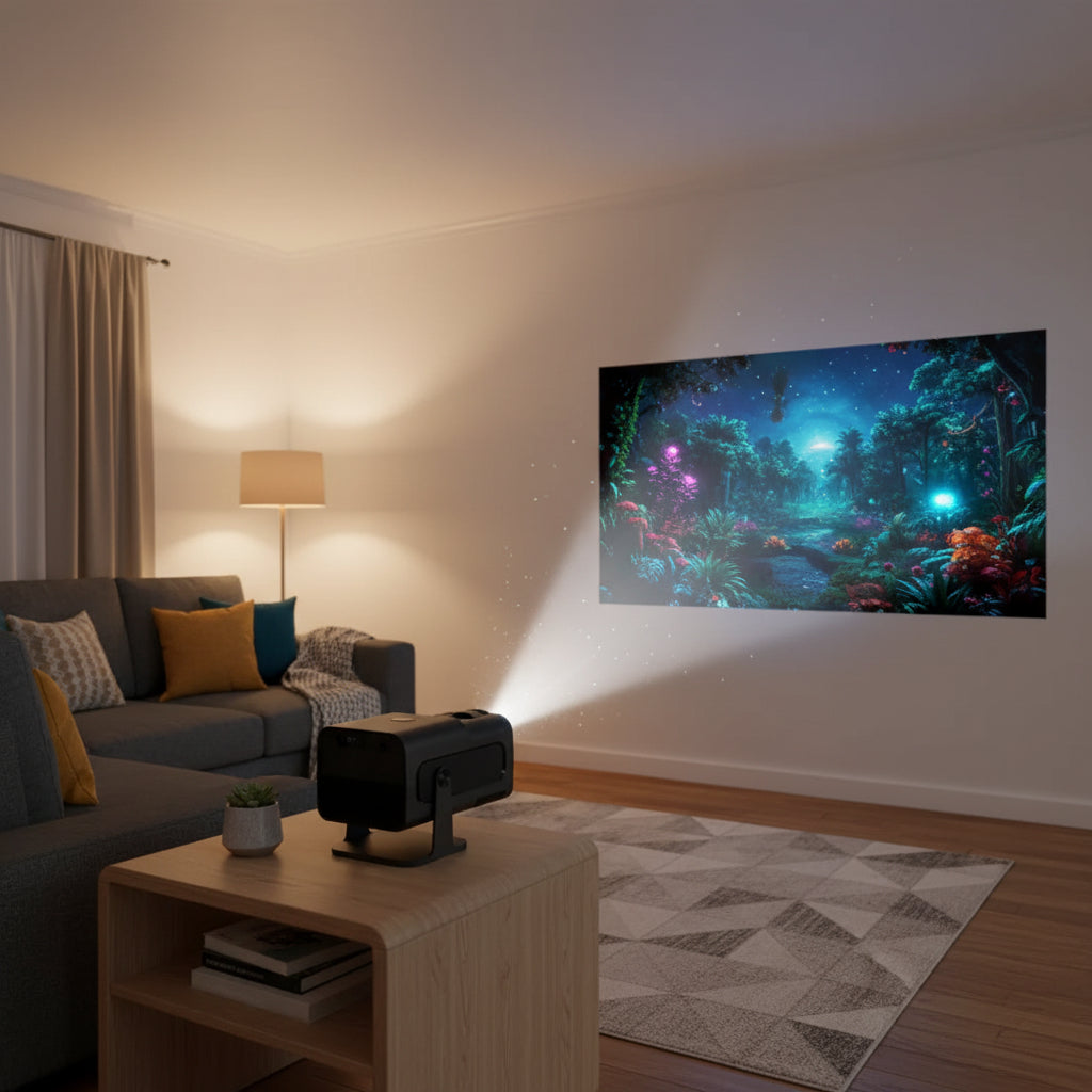 Gemelli Collections HY320 Android smart home theatre projector with 4K support, WiFi, Bluetooth, HDMI, USB ports, and 180-degree adjustable stand in matte black.