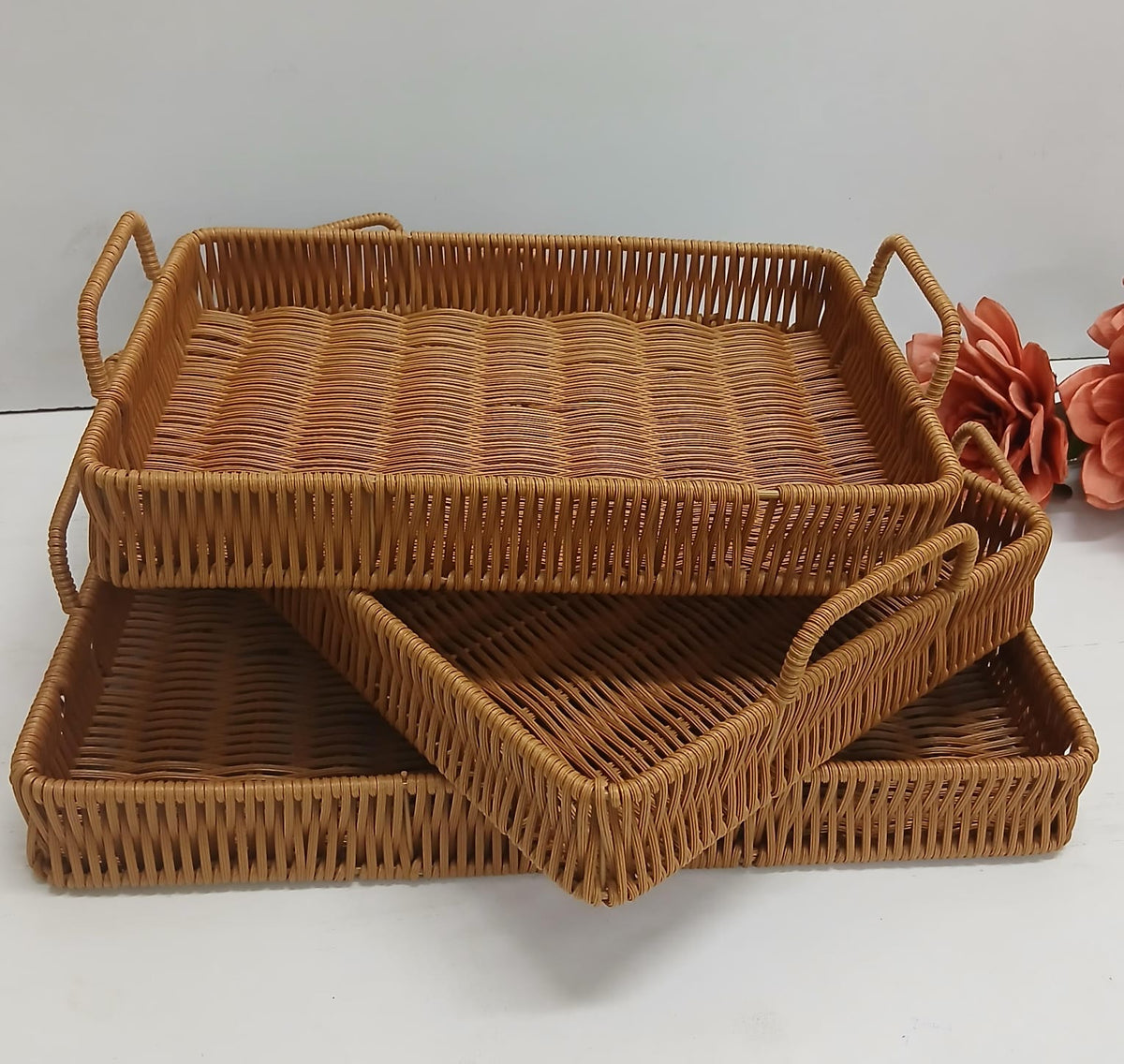 3-Piece Handmade Rectangular Rattan Tray Set