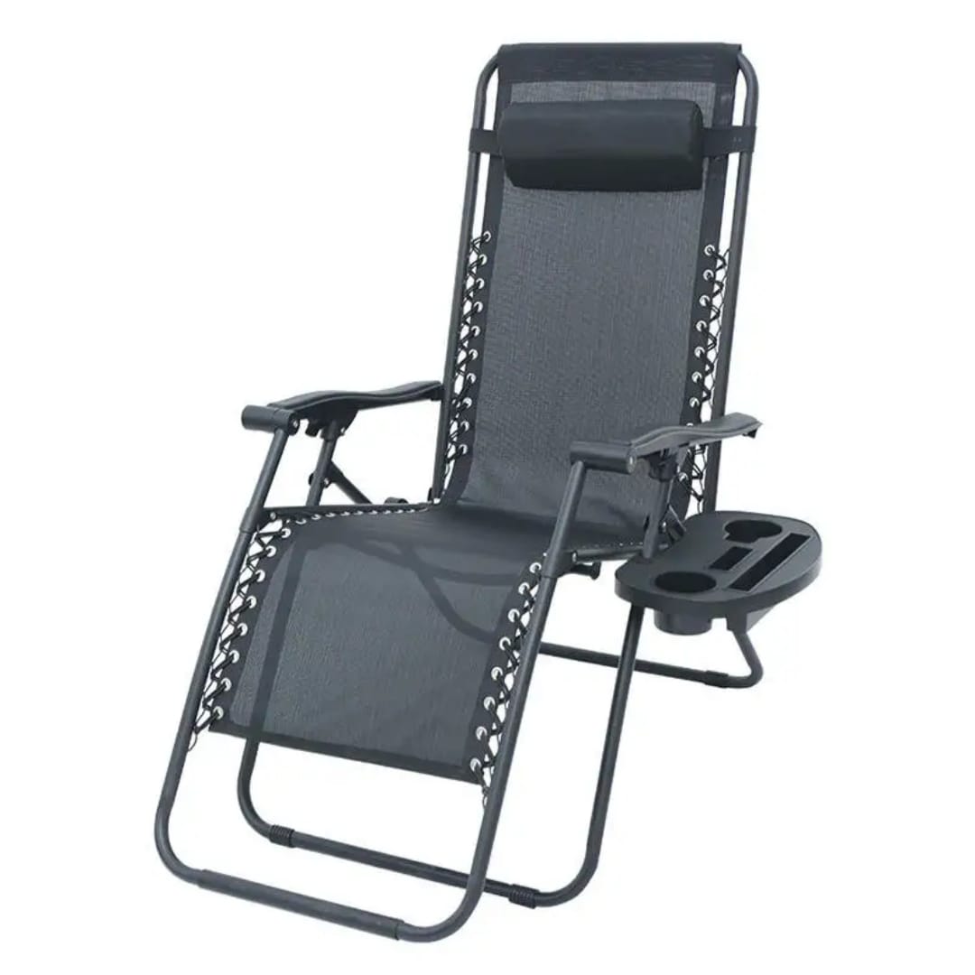 Gemelli Collections adjustable zero gravity recliner folding chair with breathable mesh fabric, padded headrest, cup holder tray, and steel frame in black.