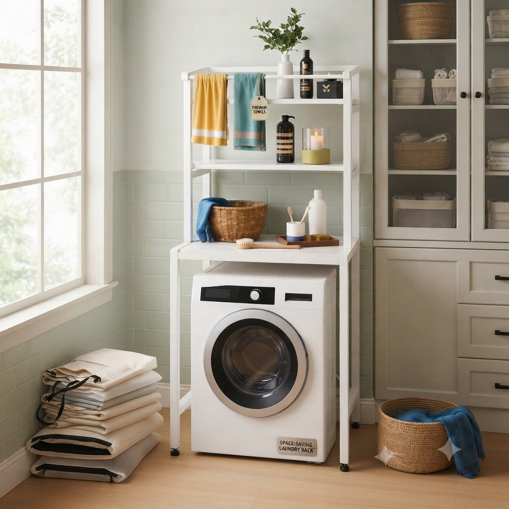 Gemelli Collections 3-tier washing machine rack with rust-proof carbon steel frame and marble finish MDF shelves in white and marble.
