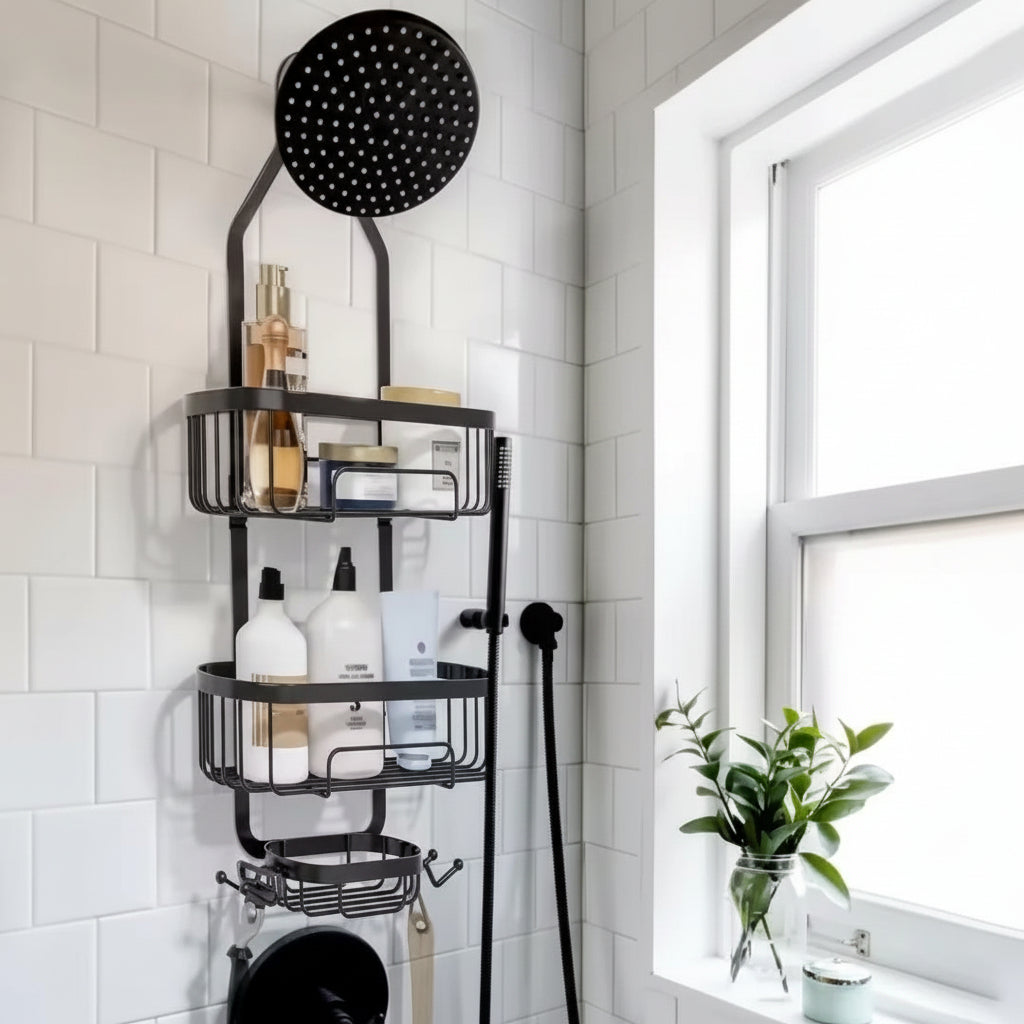 Bathroom storage shower caddy with shower head hanger and adhesive stickers.