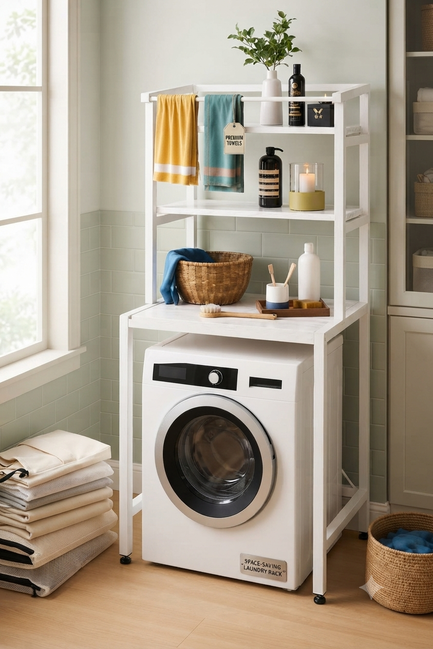 3-Tier Washing Machine Rack with Carbon Steel Frame and Marble Finish MDF Shelves