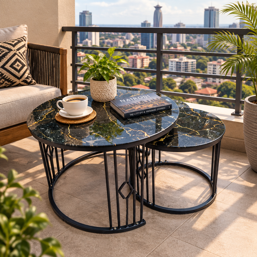 2-Piece Black Marble with Gold Veins and Black Metal Frame Nesting Coffee Table Set