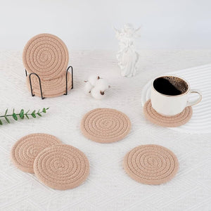 8 piece absorbent cotton woven drink coaster set with metal stand holder for protecting tables from moisture beverage stains and heat marks.