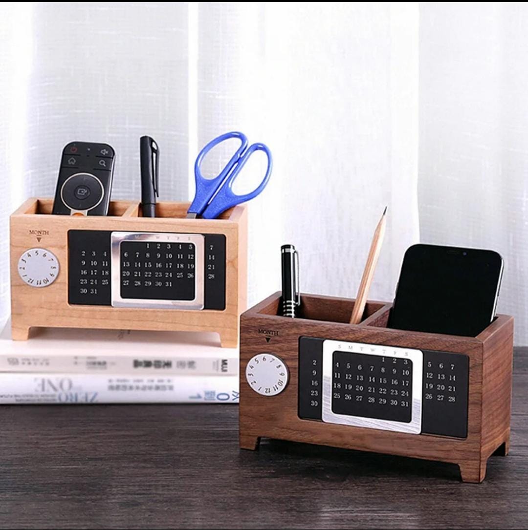 Desk Organizer, Maple Wood Pen Holder with Perpetual Calendar 