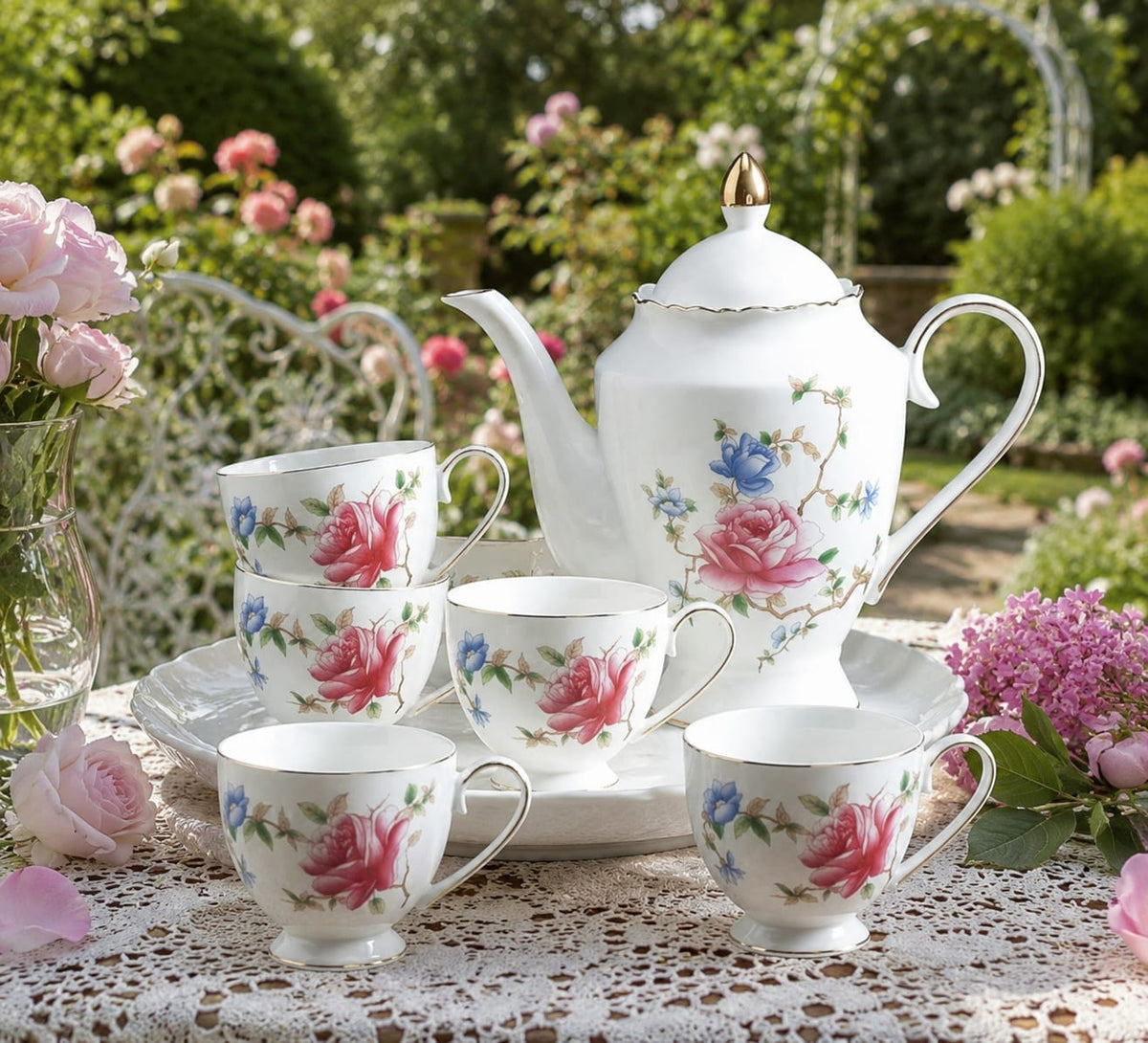 Porcelain Tea Set with Rose Pattern