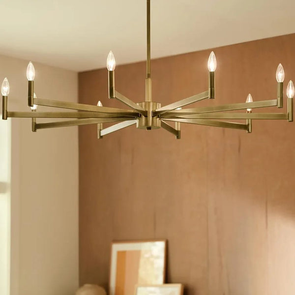 Brass flat sputnik chandelier with 12 candle-style LED bulbs in two-tier starburst design for modern dining and living room lighting.