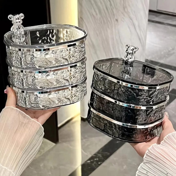 Gemelli Collection 360° rotating acrylic jewellery organiser for storing earrings, rings, necklaces, and bracelets.