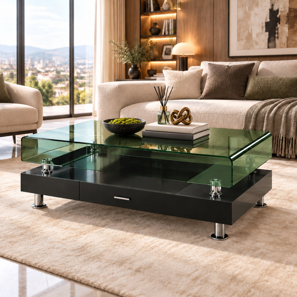 Glass-Top Wooden Coffee Table with Drawer – WB314