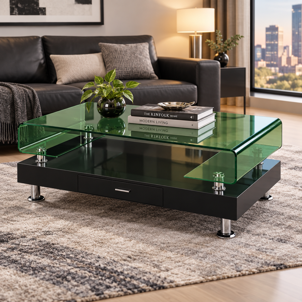 Glass-Top Wooden Coffee Table with Drawer – WB314