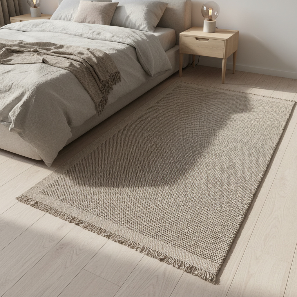 Gemelli Collections Oriental Weavers Fuwwa KBORIE218 greige dotted diamond framed jute look rug with fringe.