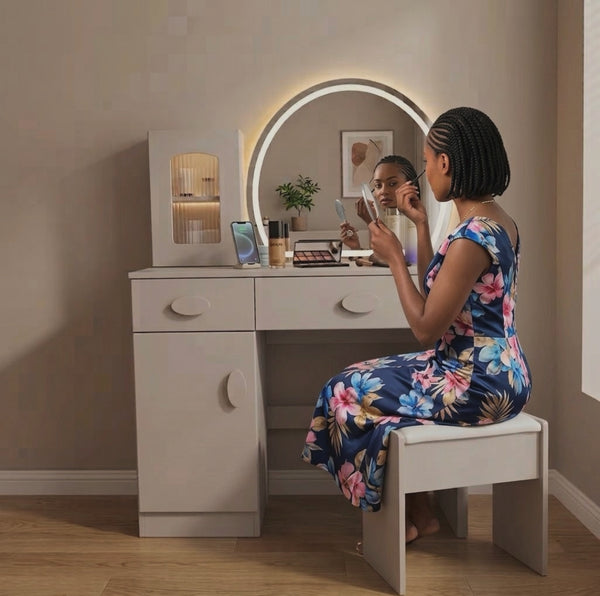 Vanity dressing table with spacious tabletop, storage space, and matching padded stool for makeup, perfumes, skincare, accessories, and everyday grooming