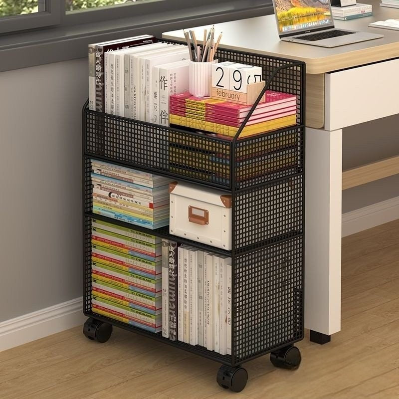 Bookshelf stand with wheels featuring multiple storage shelves for organising books files décor and office essentials with easy mobility.