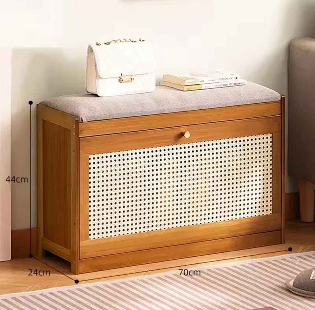 Wooden Stool with Flip Drawer Shoe Cabinet