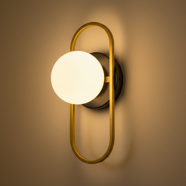 Golden and black wall lamp with white glass shade, modern E27 decorative indoor lighting fixture