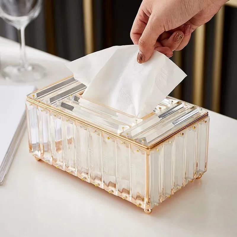 Gold crystal serviette holder box with decorative crystal detailing for organising and displaying napkins on dining and coffee tables