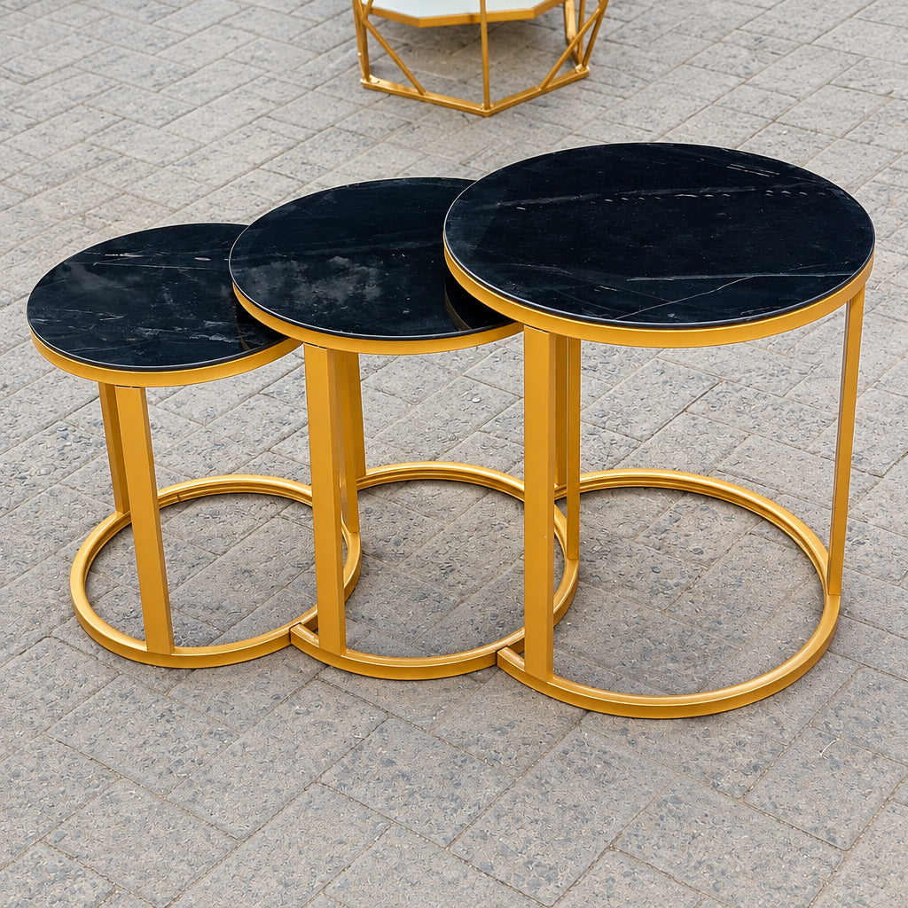 3-Piece  Black Tempered Glass Tops Nesting Table Set – with Gold Metal Frames