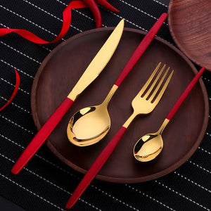 24PC Red Slim Stainless Steel Cutlery Set with Soup Spoons, Teaspoons, Forks, and Butter Knives, Modern and Durable Dining Set for Home and Entertaining
