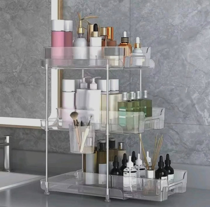 3 tier multifunctional storage rack with clear acrylic trays and metallic stand, white organiser -Brand(Gemelli Collection)