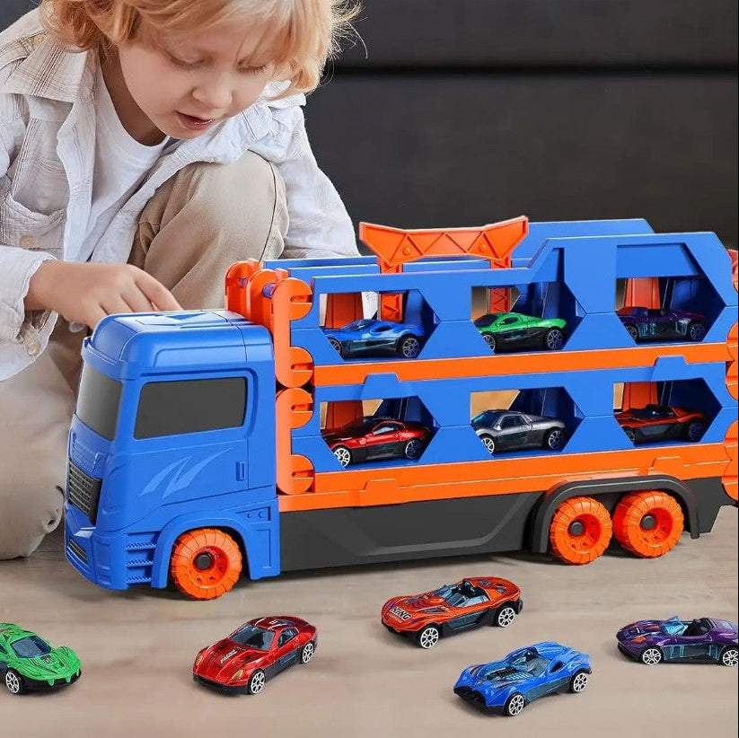 Foldable 160cm container truck toy set with 7 mini vehicles for kids
