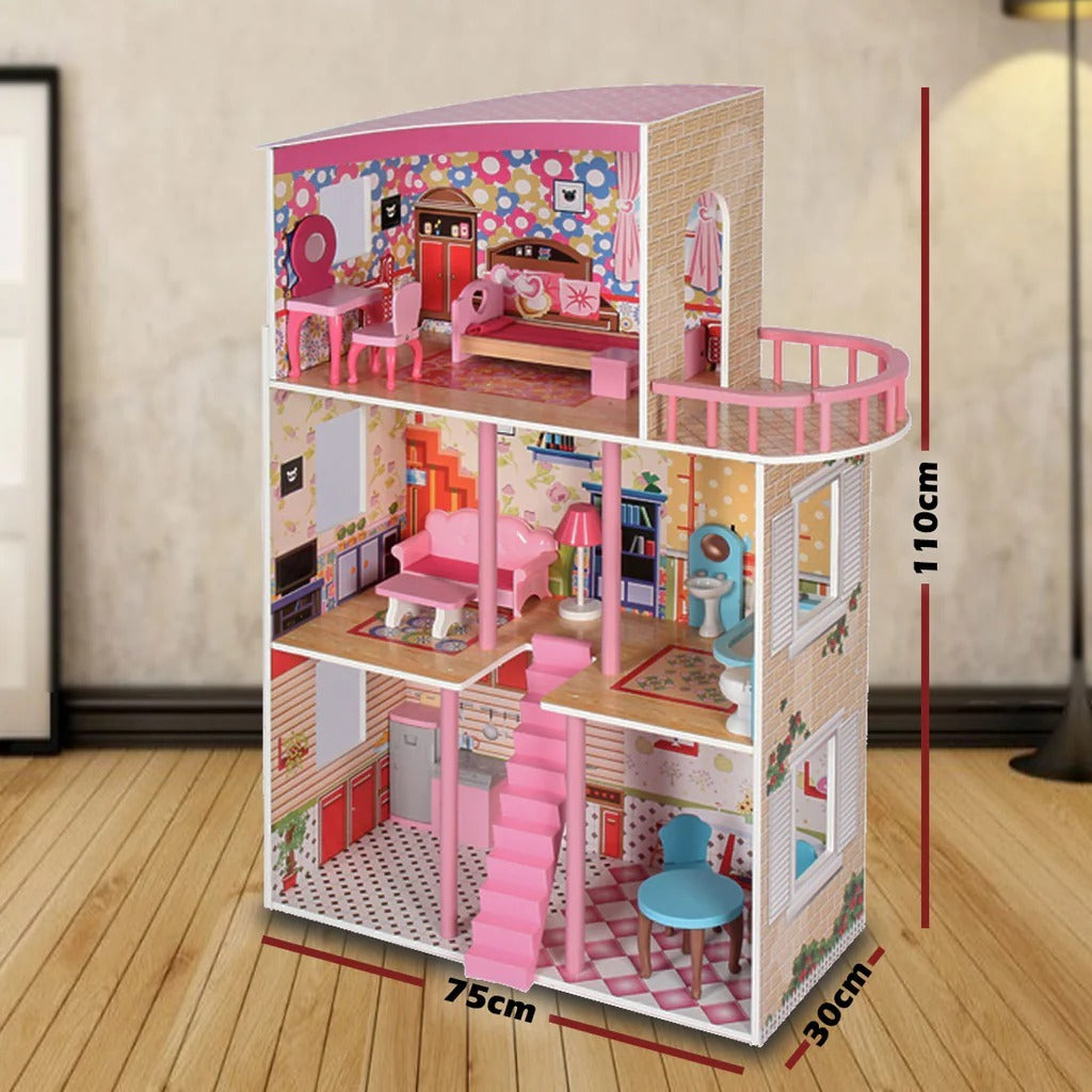 Wooden 3-Storey Doll House with Furniture