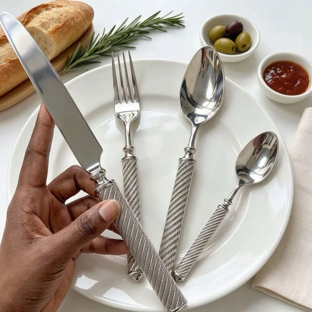 24-Piece Engraved Stainless Steel Cutlery Set in Silver