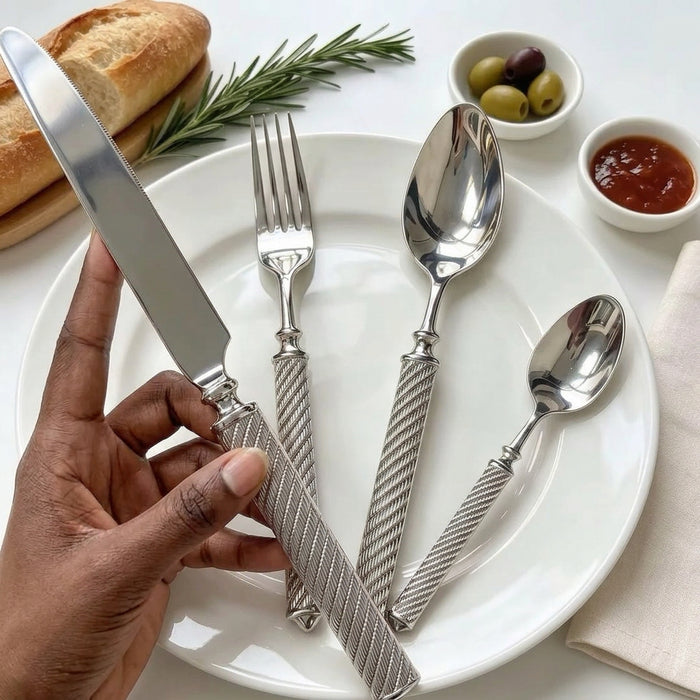 24-Piece Engraved Stainless Steel Cutlery Set in Silver