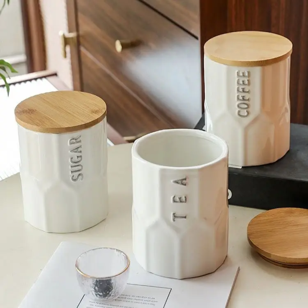3-Piece Ceramic Canister Set with Bamboo Tray