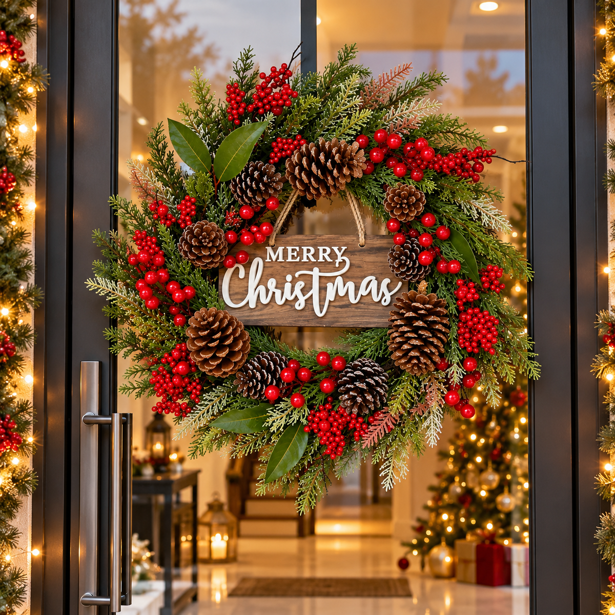 50cm Handmade Christmas Door Wreath with Pinecones and Red Berries