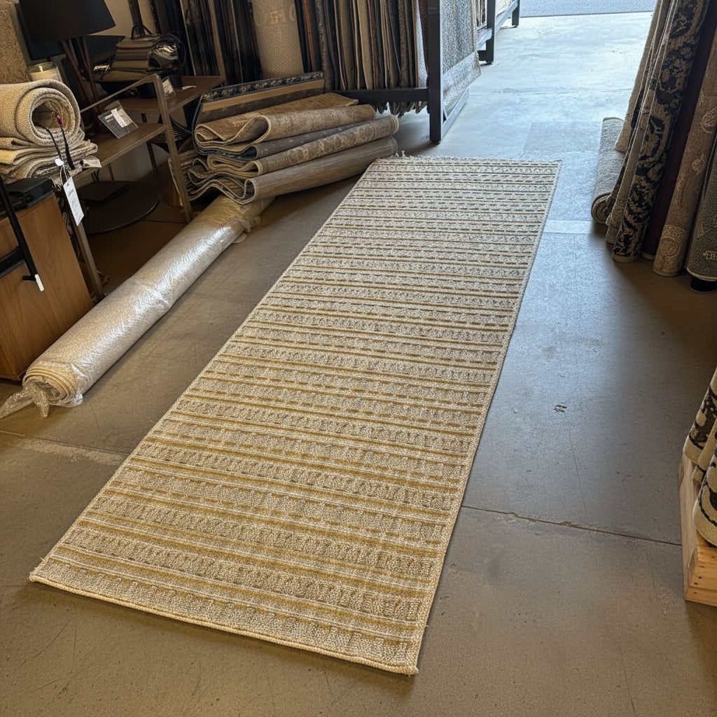 Gemelli Collection Timeless T21 beige woven corridor runner rug with 3D brick textured block pattern and bound edges