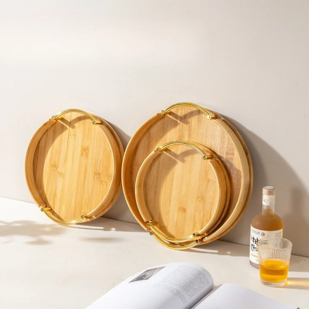 Round Bamboo Wooden Serving Tray with Metal Handles, Multi-Functional Food Storage and Serving Tray, Durable and Eco-Friendly Home Kitchen Accessory