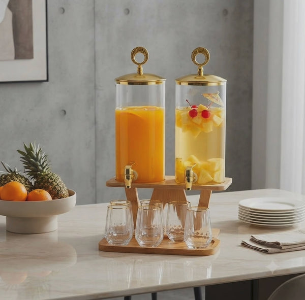 3.3L 2-piece beverage and juice dispenser set with gold metal lids and bamboo bases for serving juice, water, and other beverages at home and gatherings