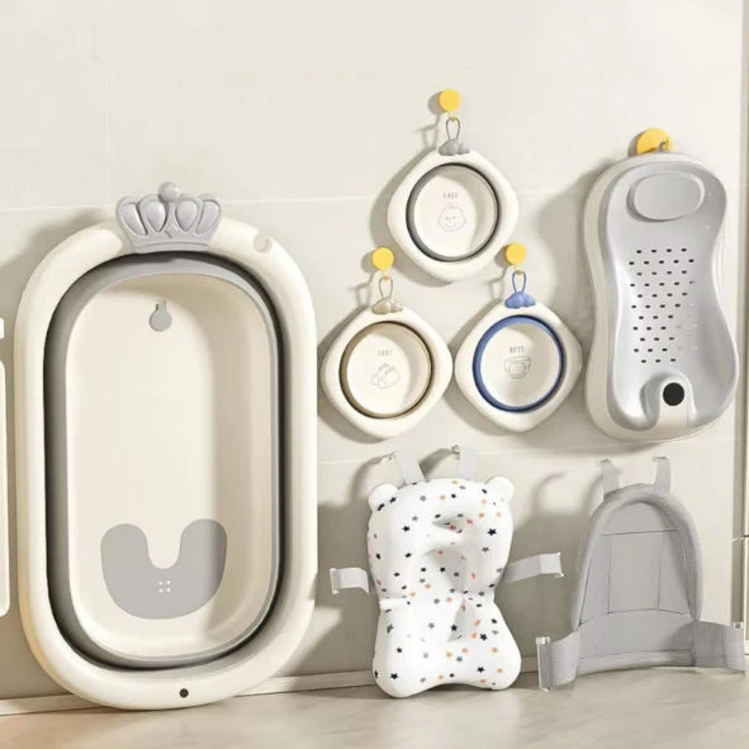 7-in-1 Foldable Baby Bathtub Set with Thermometer in Grey and White