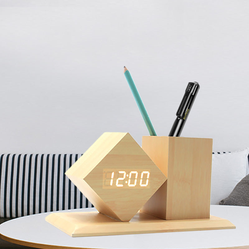 Desk Organizer, Bamboo Pen Holder with LED Alarm Clock