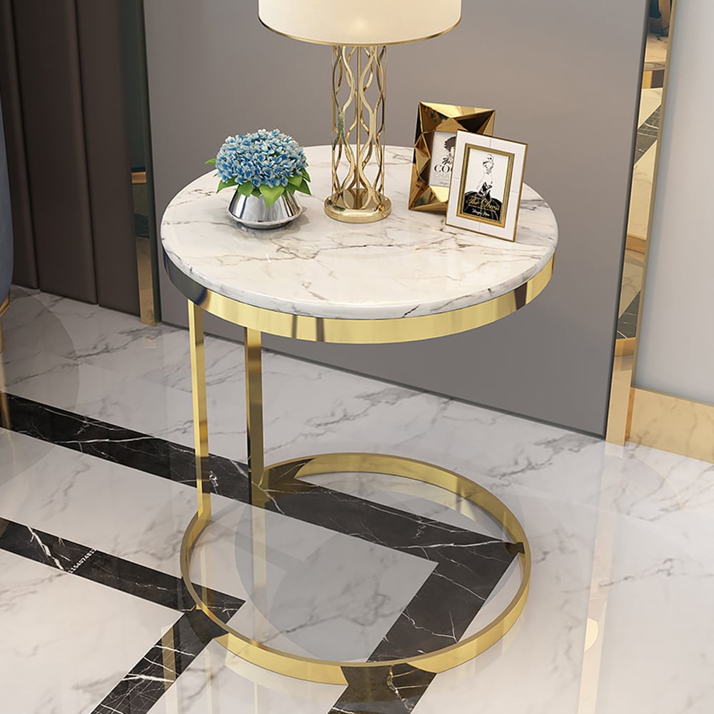 Pure marble top mini side table with sleek metallic stand for modern luxury living room