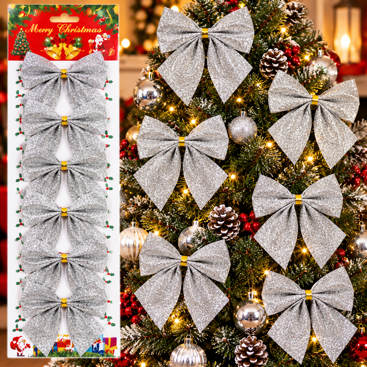 6 Red Glitter Christmas Ribbon Bows for Tree and Gift Decoration