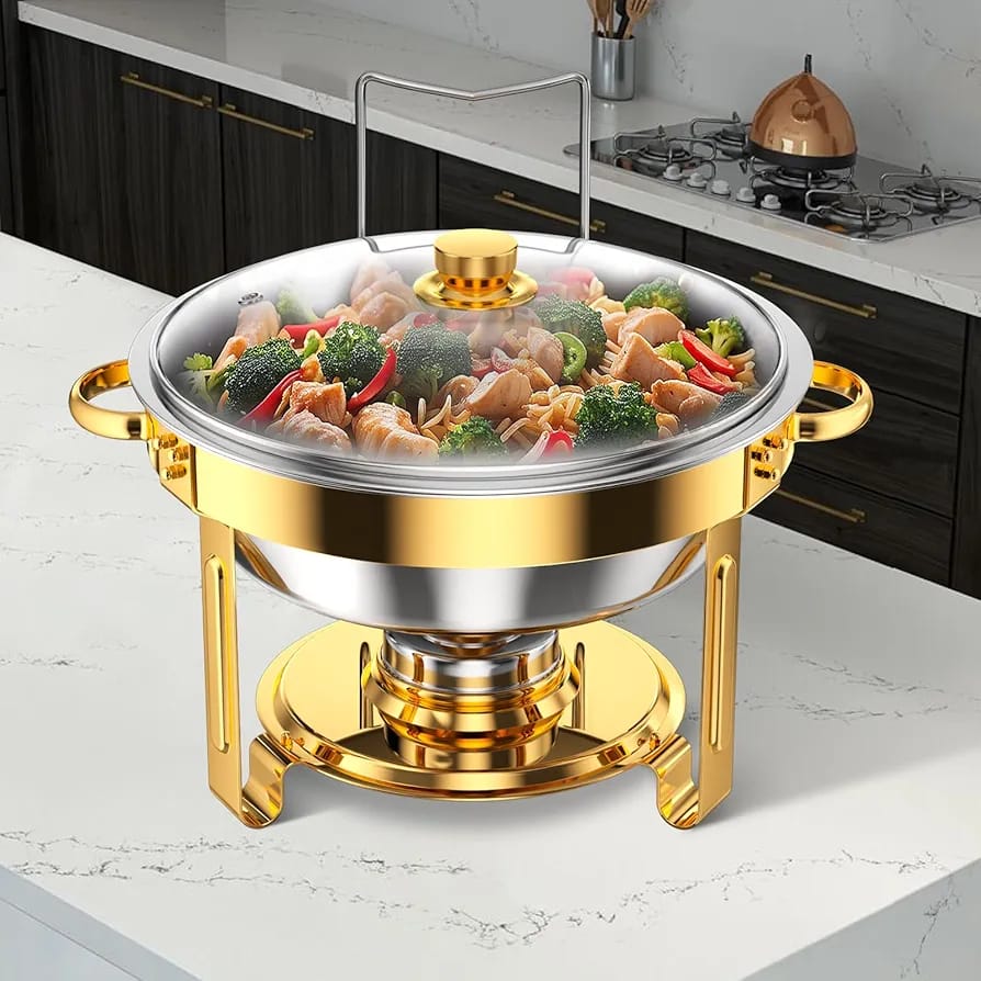 Chafing Dish, Round Stainless Steel 5L Golden Accents