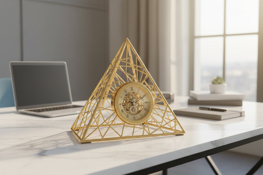 Pyramid-Shaped Metallic Desktop Clock - Golden – gemelli-collections