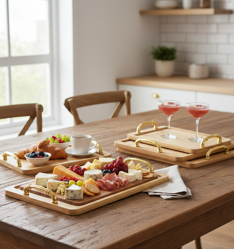 3-in-1 Bamboo Serving Tray Set with Gold Handles, Three Different Sizes, Elegant Kitchen Serveware