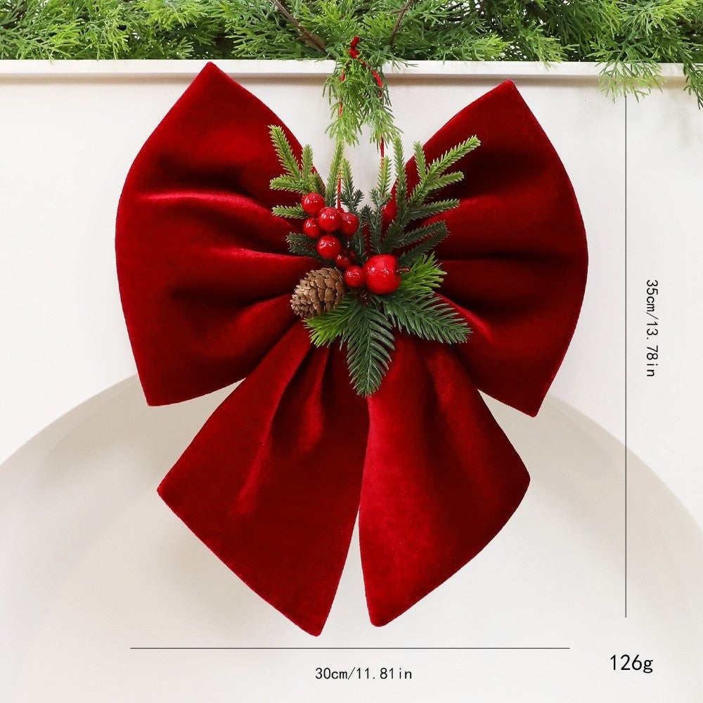 Wine Red Velvet Christmas Tree Bow Ornament with Pine Needle Accent