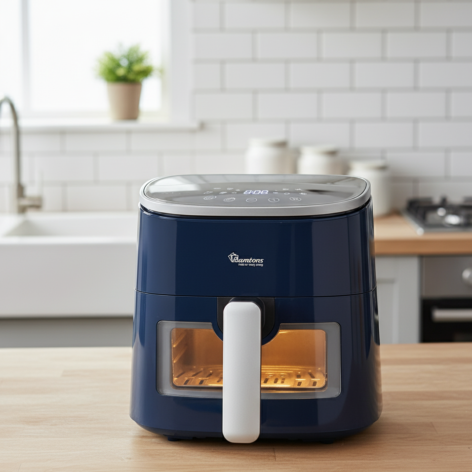 Blue digital air fryer with 3.5L basket and 4.3L drawer for oil-free healthy cookin