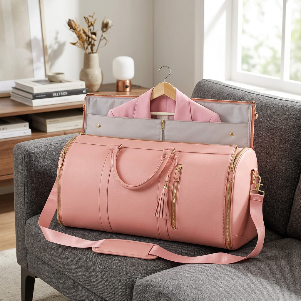 2 in 1 Convertible PU Leather Garment Duffle Bag with Shoe Pouch